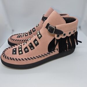 Coach Pink Suede Fringe Roccasin Cut Out Ankle Shoes with Black Trim